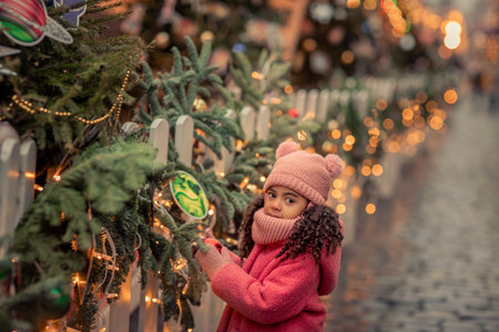African American girl 5 years walks the streets in anticipation of the New Year holidayの写真素材