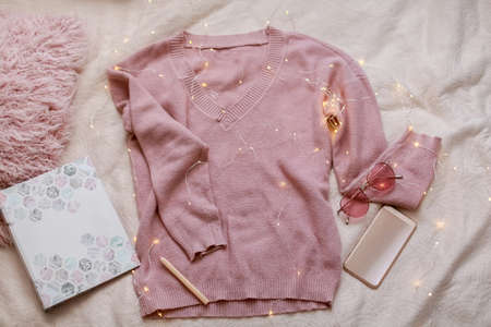 Textile shirt in pink shades. Womens outfit in pink tonesの写真素材
