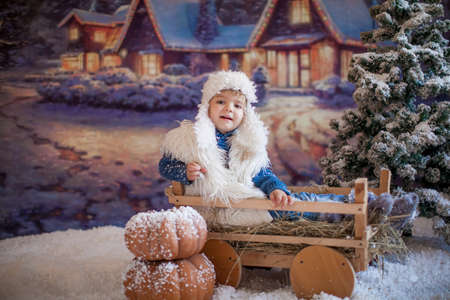 A boy in a white hat and boots on the background of an artificial forest in the winter villageの写真素材