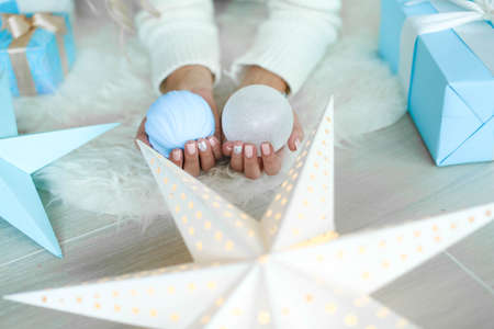New year concept. beautiful woman in new year interiorの写真素材