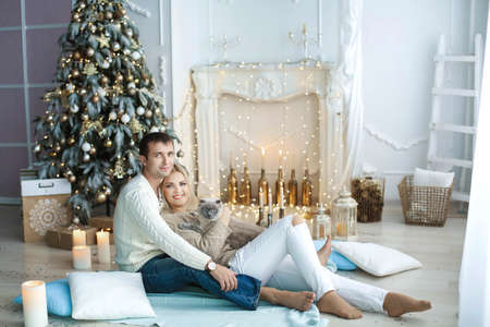 A pair of lovers in anticipation of the celebration of the new year on the background of decorated home interiorの写真素材