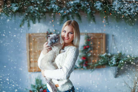 Woman 30-33 year on backdrop of Christmas holidays holds on the hands of petの写真素材