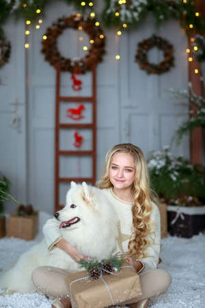 New Year concept. girl with her pet posing in a photo studioの写真素材