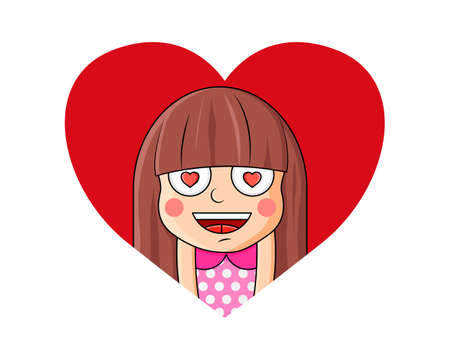 Cute cartoon girl with love in eyes. Valentine card cute little girl in love. Romantic vector illustration. Vector. Isolated on white background. Vector illustration in a cartoon style.のイラスト素材