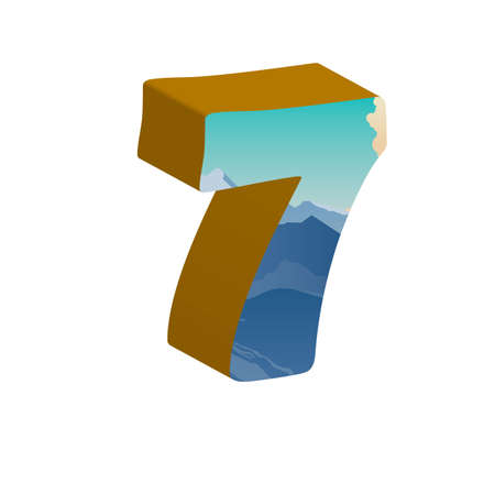 3D number seven with mountains background. Vector illustration.