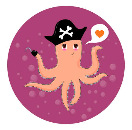 Funny kawaii character vector illustration. Cute little pink octupus Kawaii vector isolated. Cartoon pirate octopus.のイラスト素材