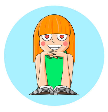 Girl reading a book and dreaming about love. Vector illustration. Character in cartoon style.のイラスト素材