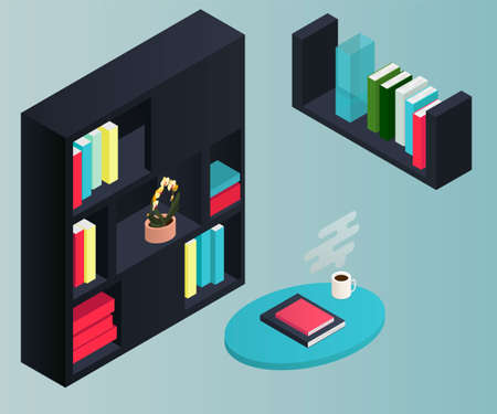 Isometric bookcase isolated on background. 3d shelves filled with books. Vector illustrationのイラスト素材