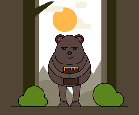 Cute bear with honey in cartoon style. Nature background.のイラスト素材