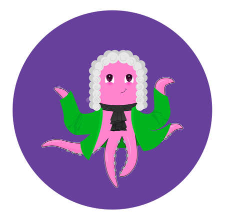 Funny kawaii character vector illustration. Cute little pink octupus Kawaii vector isolated. Cartoon octopus wearing clothing and spencer of 18th century.のイラスト素材