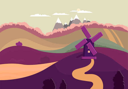 Nature landscape with windmill, agricultural fields, montains.