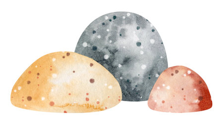 Watercolor illustration of a set of three different shapes of stone.の写真素材