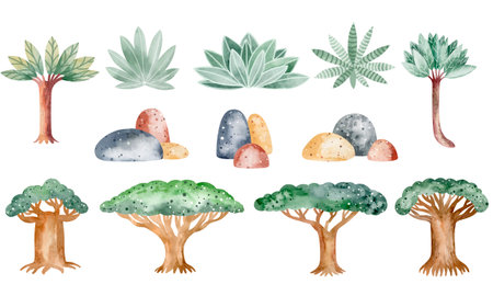 Watercolor trees and succulents set. hand drawn vector illustrationの写真素材