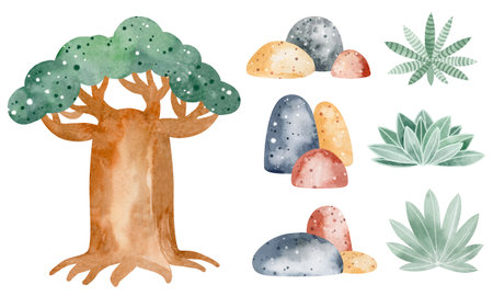 watercolor tree set. Hand drawn illustration isolated on white background.の写真素材
