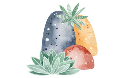 Watercolor illustration of a pair of pebbles and succulentsの写真素材