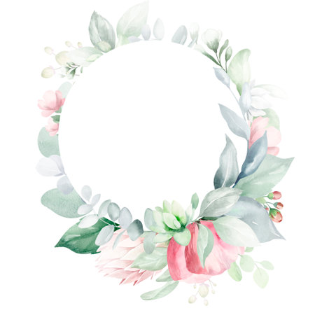Watercolor Floral Wreath. Hand painted floral wreath isolated on white backgroundの写真素材