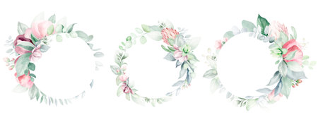 Watercolor Floral Wreaths. Hand painted floral wreaths on white background.の写真素材