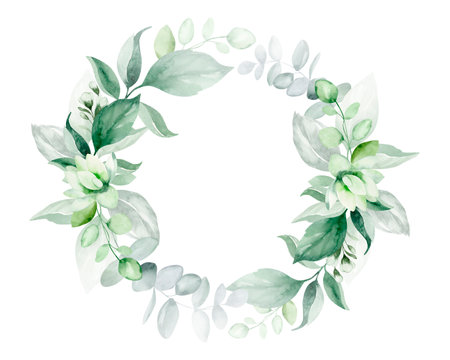 Watercolor floral wreath with green leaves, hand painted isolated on white backgroundの写真素材