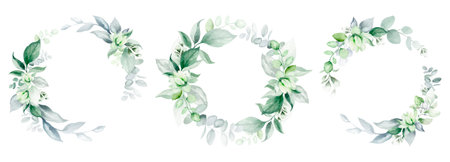 Watercolor floral wreath with green leaves, hand painted on a white backgroundの写真素材