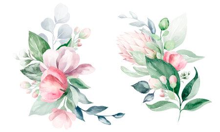 Watercolor floral bouquets. Hand painted watercolor illustration.の写真素材