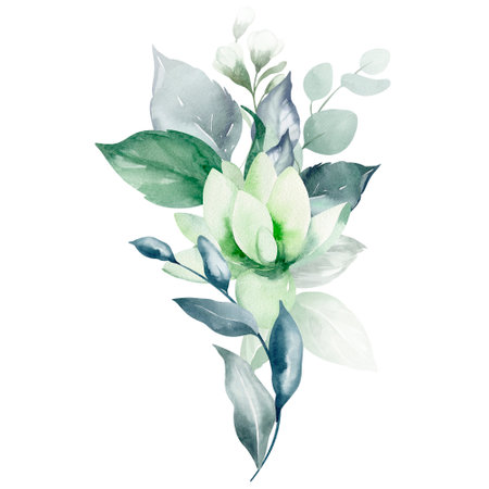 Watercolor floral bouquet with green leaves and flowers. Hand painted floral bouquet isolated on white background.の写真素材