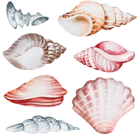 Set of watercolor seashells isolated on white background. Hand drawn illustrationの写真素材