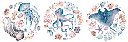 Set of hand drawn octopus, corals, starfish, jellyfish, seashells, seaweed. Vector illustration.の写真素材