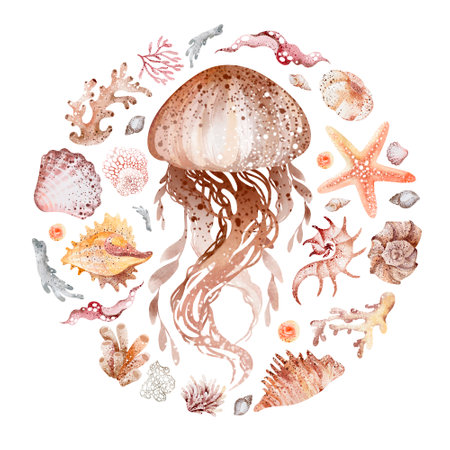 Watercolor jellyfish, corals, starfish, seashells, seaweed. Hand drawn underwater illustrationの写真素材
