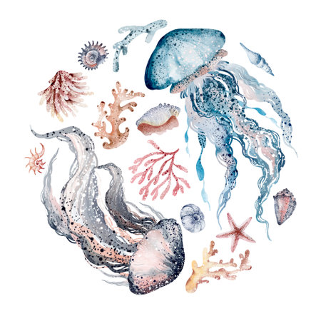 Set of jellyfish, corals, seaweed. Hand drawn watercolor illustrationの写真素材