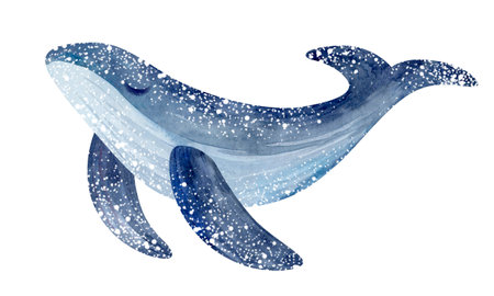 Watercolor illustration of a cute blue whale isolated on white background.の写真素材