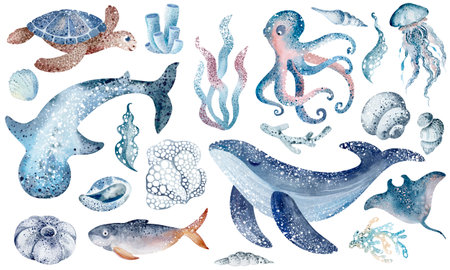 Set of hand drawn watercolor illustrations of marine animals. Marine life.の写真素材
