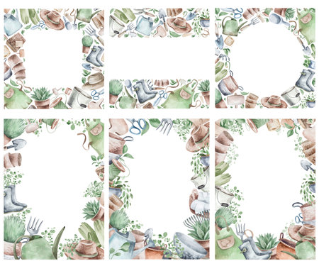 Watercolor set of frames with garden tools, flowers, herbs, plants. Garden equipment banner or party invitation.の写真素材
