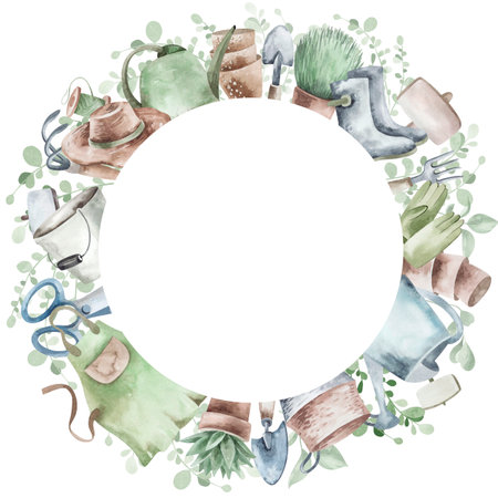 Watercolor set of frames with garden tools, flowers, herbs, plants. Garden equipment banner or party invitation.の写真素材