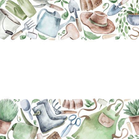Watercolor set of frames with garden tools, flowers, herbs, plants. Garden equipment banner or party invitation.の写真素材
