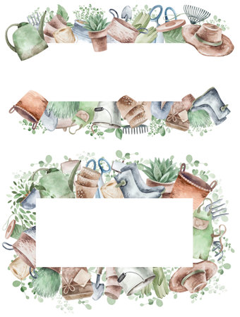 Watercolor set of frames with garden tools, flowers, herbs, plants. Garden equipment banner or party invitation.の写真素材