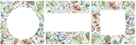 Watercolor set of frames with garden tools, flowers, herbs, plants. Garden equipment banner or party invitation.の写真素材