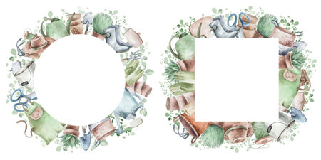 Watercolor set of frames with garden tools, flowers, herbs, plants. Garden equipment banner or party invitation.の写真素材