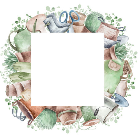 Watercolor set of frames with garden tools, flowers, herbs, plants. Garden equipment banner or party invitation.の写真素材