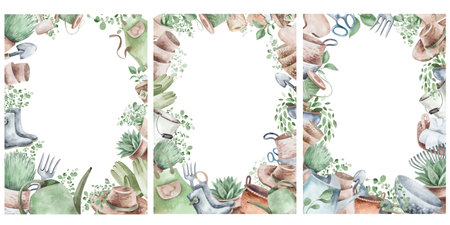 Watercolor set of frames with garden tools, flowers, herbs, plants. Garden equipment banner or party invitation.の写真素材