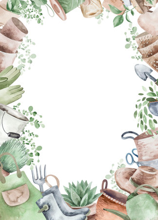 Watercolor set of frames with garden tools, flowers, herbs, plants. Garden equipment banner or party invitation.の写真素材