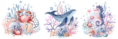 Set of watercolor sea life. Underwater world. Vector illustrationの写真素材