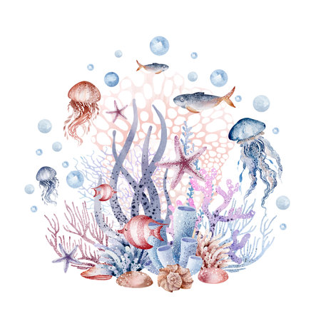 Watercolor underwater world illustration with corals and jellyfishes.の写真素材