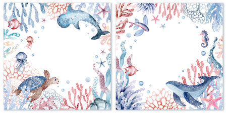 Set of cute postcards with sea animals. Collection of postcards with starfish, whale, crab, jellyfish, coral, fish, turtle. Watercolor illustration, hand drawn.Invitation templatesの写真素材