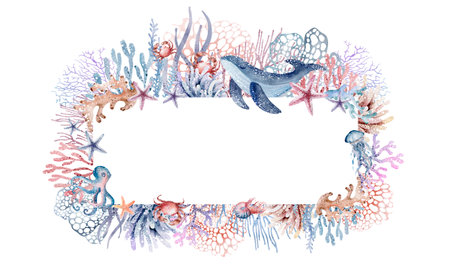 Watercolor frame with sea animals and corals on a white backgroundの写真素材