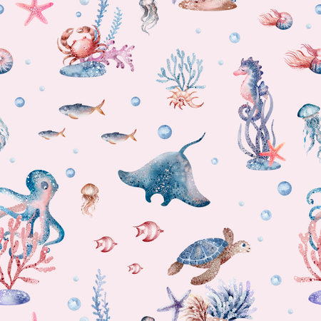 Seamless pattern with sea animals. Watercolor marine illustration.の写真素材