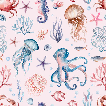Seamless pattern with cute watercolor octopus, jellyfish, corals and starfishの写真素材