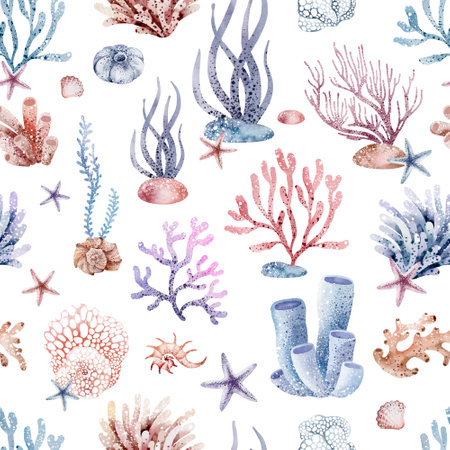 Seamless pattern with corals and seaweed. Watercolor illustration.の写真素材