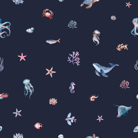 Seamless pattern with cute hand drawn underwater animals. Marine background.の写真素材