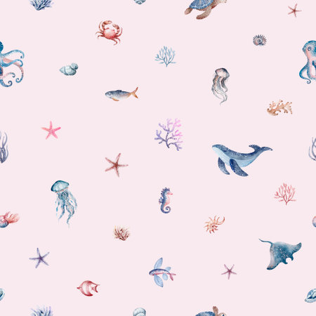 Seamless pattern with watercolor sea animals. Hand drawn illustration.の写真素材