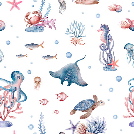 Seamless pattern with sea animals. Watercolor hand drawn illustrationの写真素材